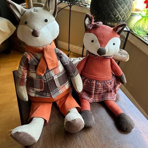 Plush Fox Pair Decor Bean Bag Bottom Shelf Sitter Two Foxes Door Stops 18” 21” - Picture 1 of 9